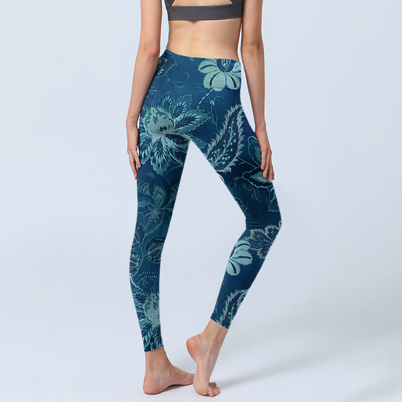 Leggings sportivi da fitness con stampa di fiori blu e Buddha Stones, pantaloni da yoga da donna - image 4