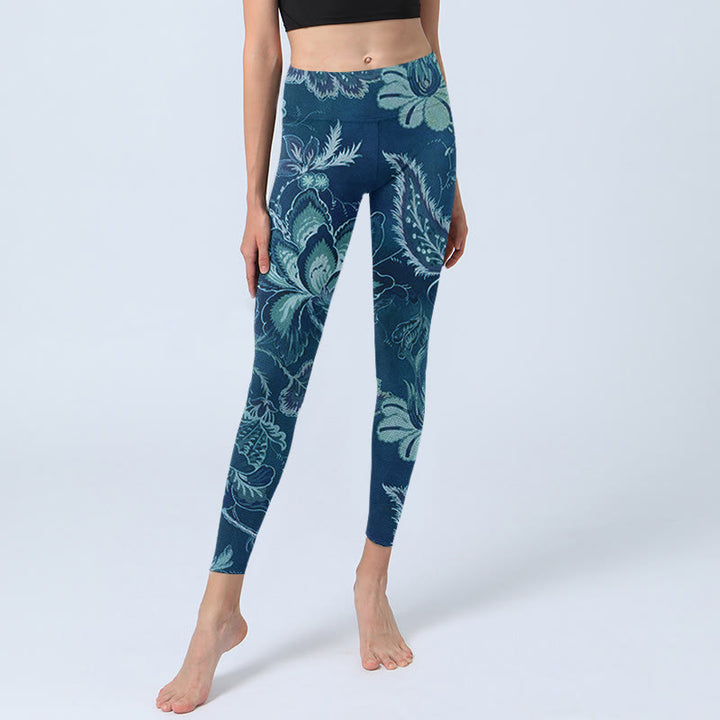 Leggings sportivi da fitness con stampa di fiori blu e Buddha Stones, pantaloni da yoga da donna - image 5