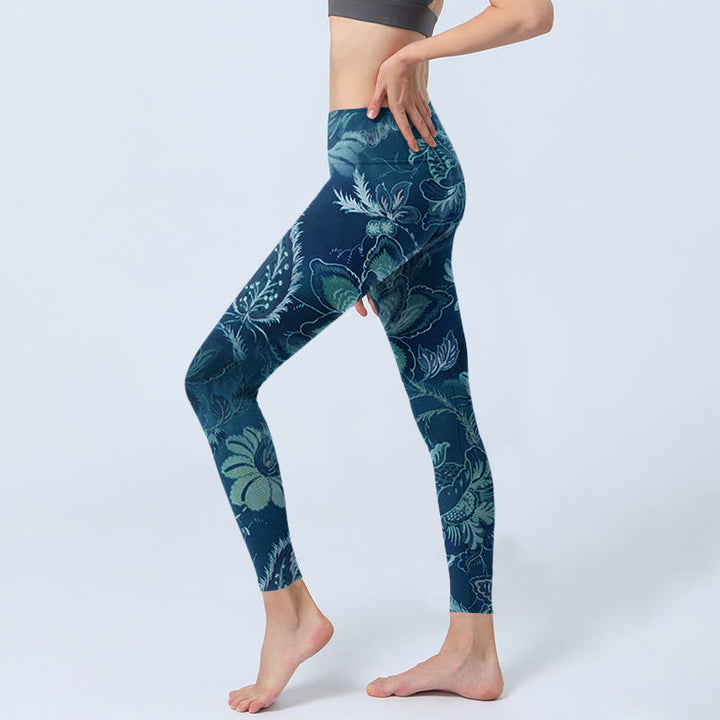 Leggings sportivi da fitness con stampa di fiori blu e Buddha Stones, pantaloni da yoga da donna - image 3