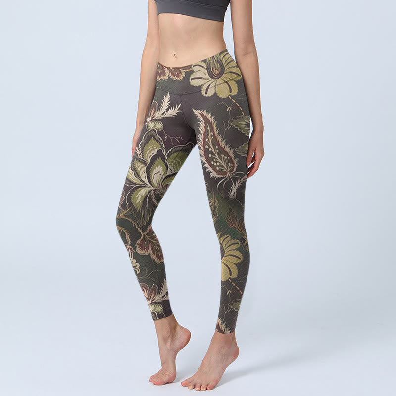 Leggings sportivi da fitness con stampa floreale e Buddha Stones, pantaloni da yoga da donna - Oliva - US18, UK/AU22, EU50 (4XL) - image 0