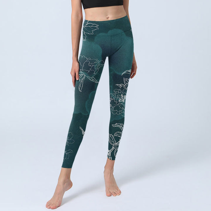 Leggings da palestra con stampa Buddha Stones, fiori di peonia e farfalle, pantaloni da yoga da donna - image 5