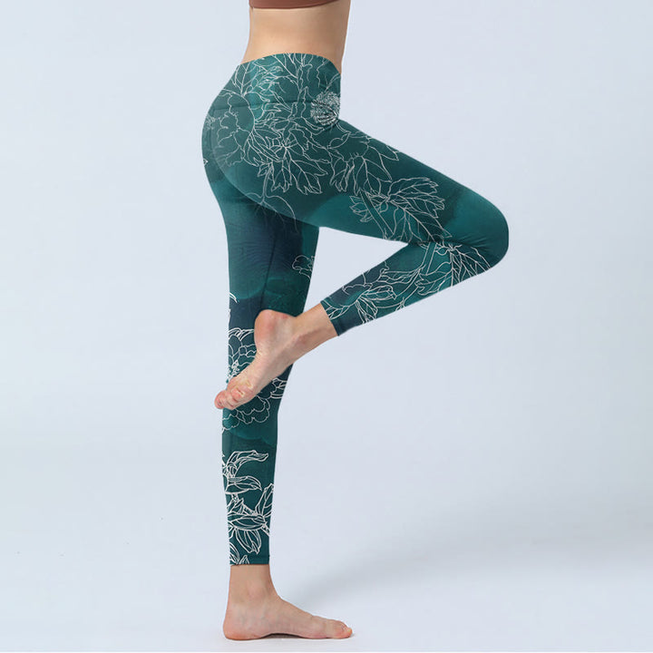 Leggings da palestra con stampa Buddha Stones, fiori di peonia e farfalle, pantaloni da yoga da donna - image 3