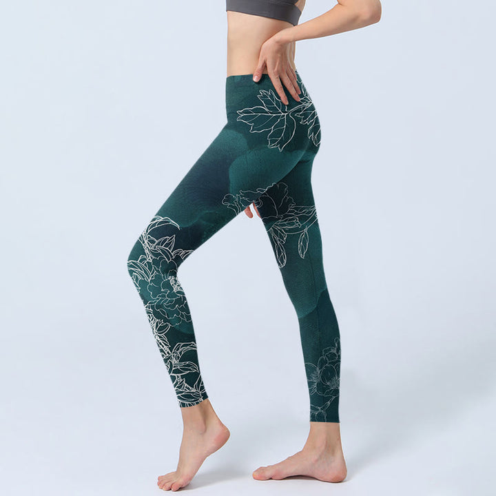 Leggings da palestra con stampa Buddha Stones, fiori di peonia e farfalle, pantaloni da yoga da donna - image 2