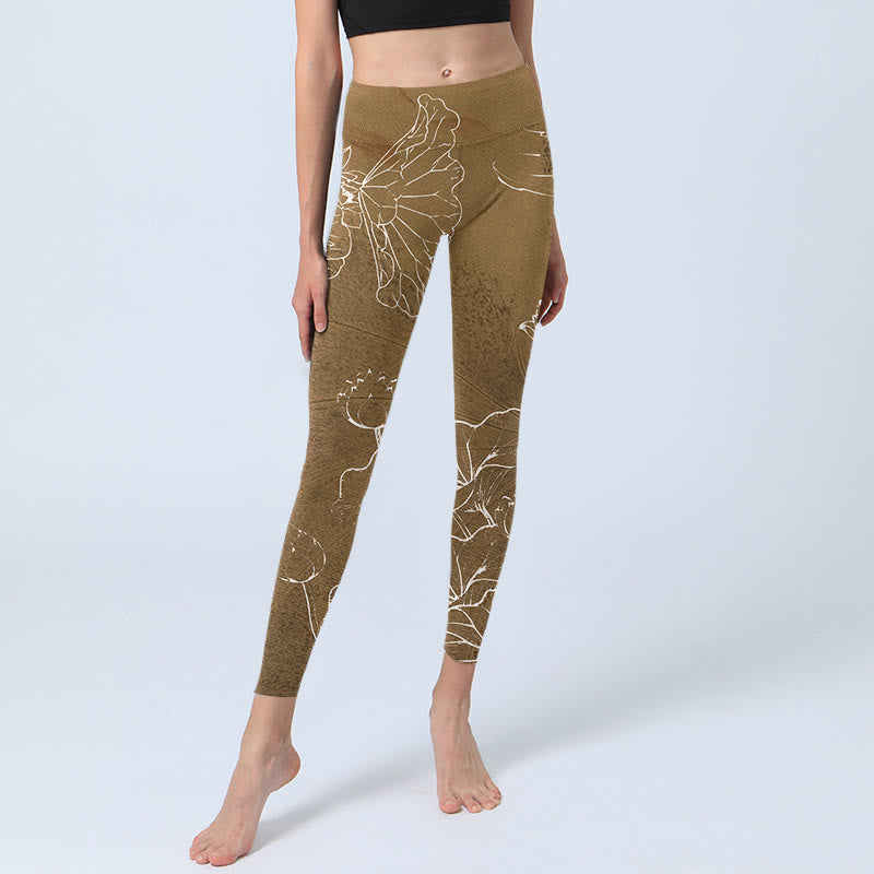 Buddha Stones Goldenrod Lotus Flowers Leaves Stampa Leggings da palestra Fitness Pantaloni da yoga da donna - image 6