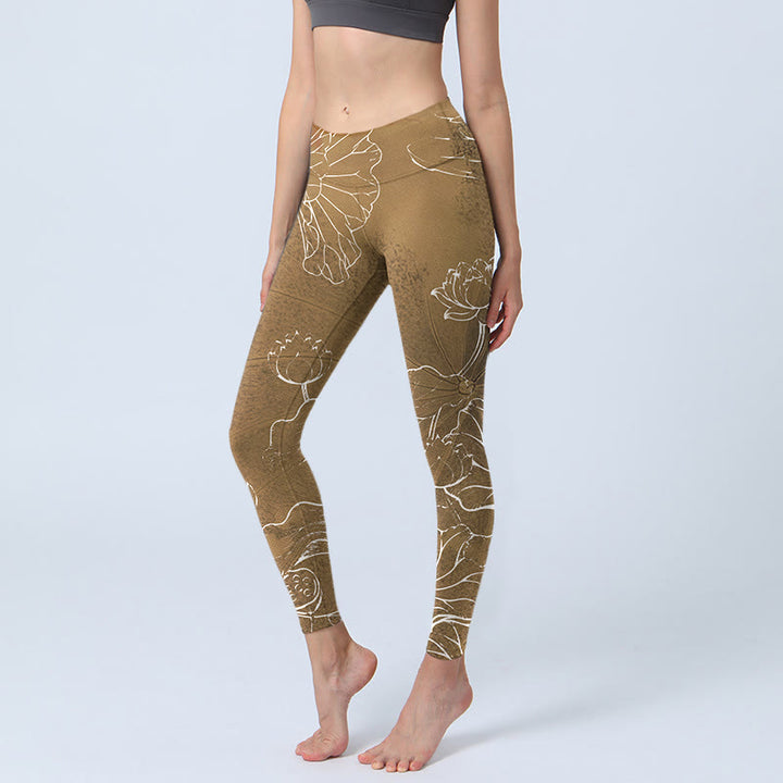 Buddha Stones Goldenrod Lotus Flowers Leaves Stampa Leggings da palestra Fitness Pantaloni da yoga da donna - Verga d'oro - US18, UK/AU22, EU50 (4XL) - image 1