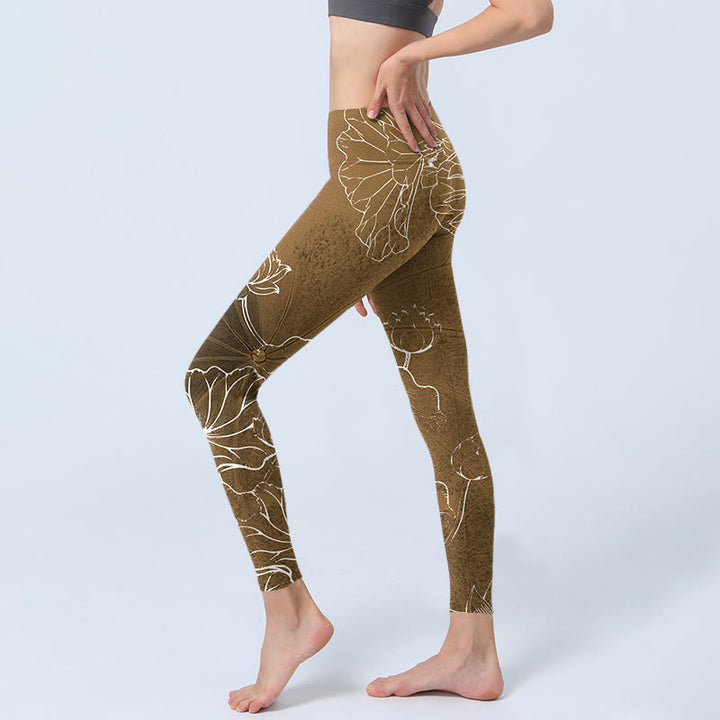 Buddha Stones Goldenrod Lotus Flowers Leaves Stampa Leggings da palestra Fitness Pantaloni da yoga da donna - image 3