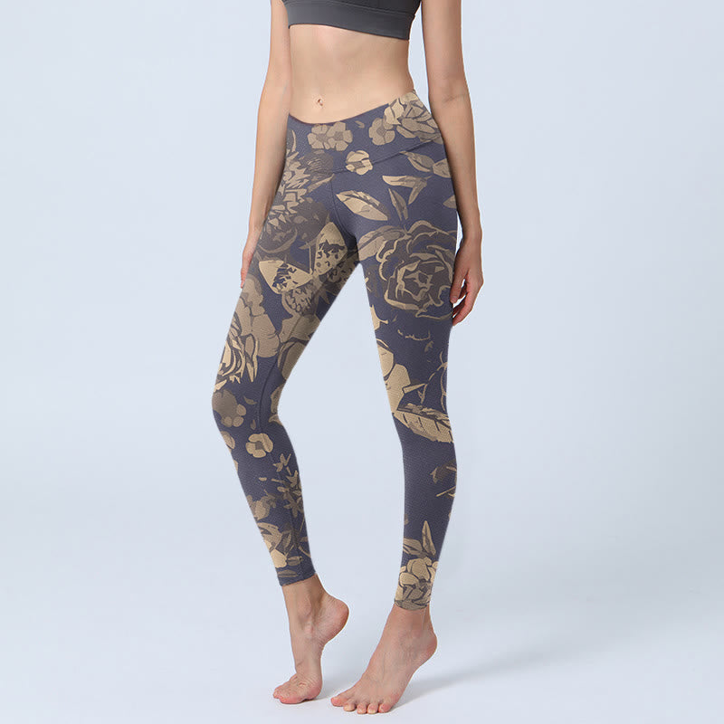 Leggings da palestra con stampa di fiori di peonia , Buddha Stones , foglie e fiori, pantaloni da yoga da donna - Cardo - US18, UK/AU22, EU50 (4XL) - image 1