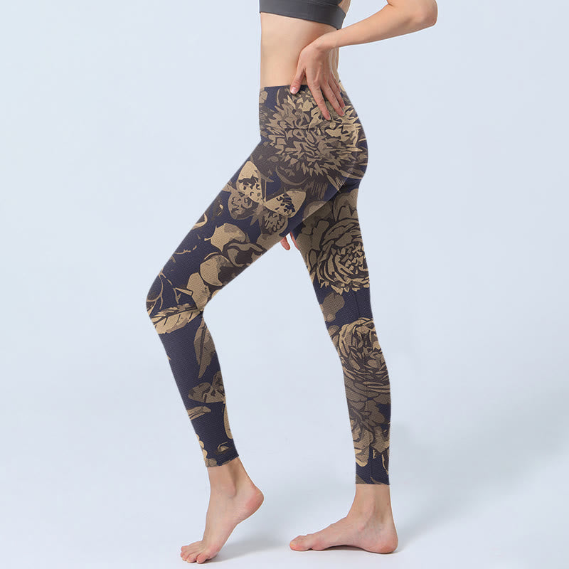 Leggings da palestra con stampa di fiori di peonia , Buddha Stones , foglie e fiori, pantaloni da yoga da donna - image 2