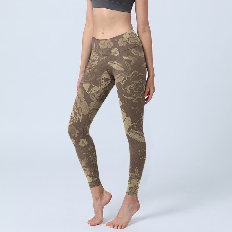 Leggings da palestra con stampa di fiori di peonia , Buddha Stones , foglie e fiori, pantaloni da yoga da donna - Cachi scuro - US18, UK/AU22, EU50 (4XL) - image 8