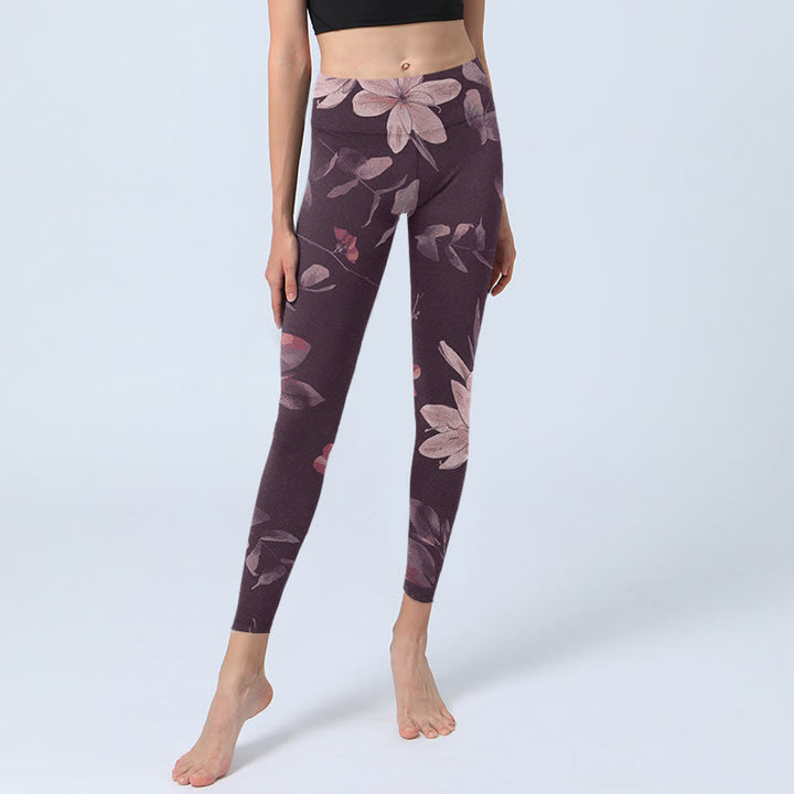 Leggings da palestra fitness con stampa di fiori bianchi viola Buddha Stones , pantaloni da yoga da donna - image 5