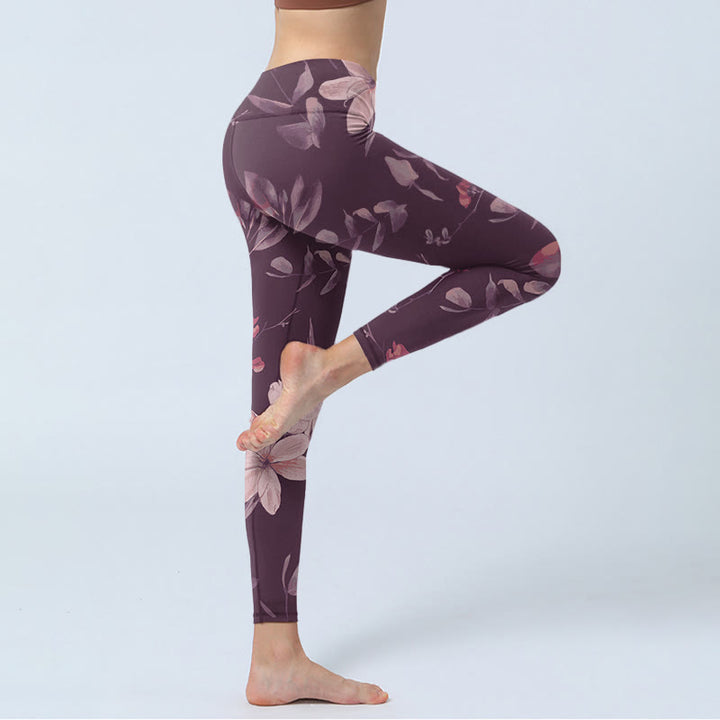 Leggings da palestra fitness con stampa di fiori bianchi viola Buddha Stones , pantaloni da yoga da donna - image 3