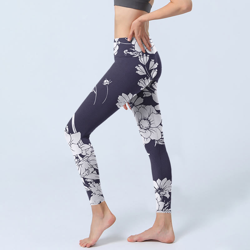 Leggings sportivi da fitness con stampa di fiori e Buddha Stones , pantaloni da yoga da donna - image 3