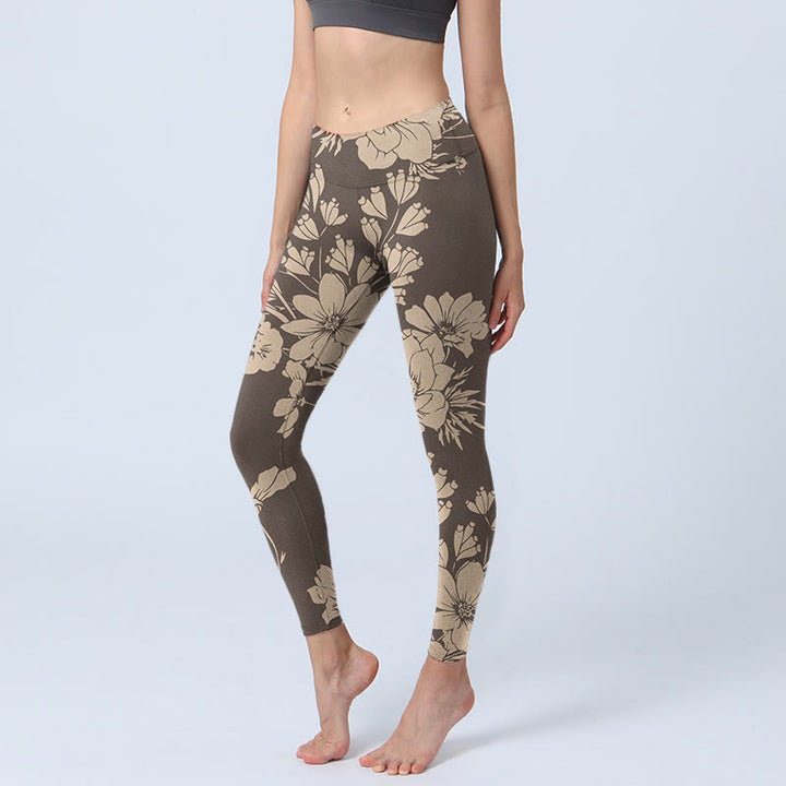 Leggings sportivi da fitness con stampa di fiori e Buddha Stones , pantaloni da yoga da donna - DarkKhaki - US18, UK/AU22, EU50 (4XL) - image 9