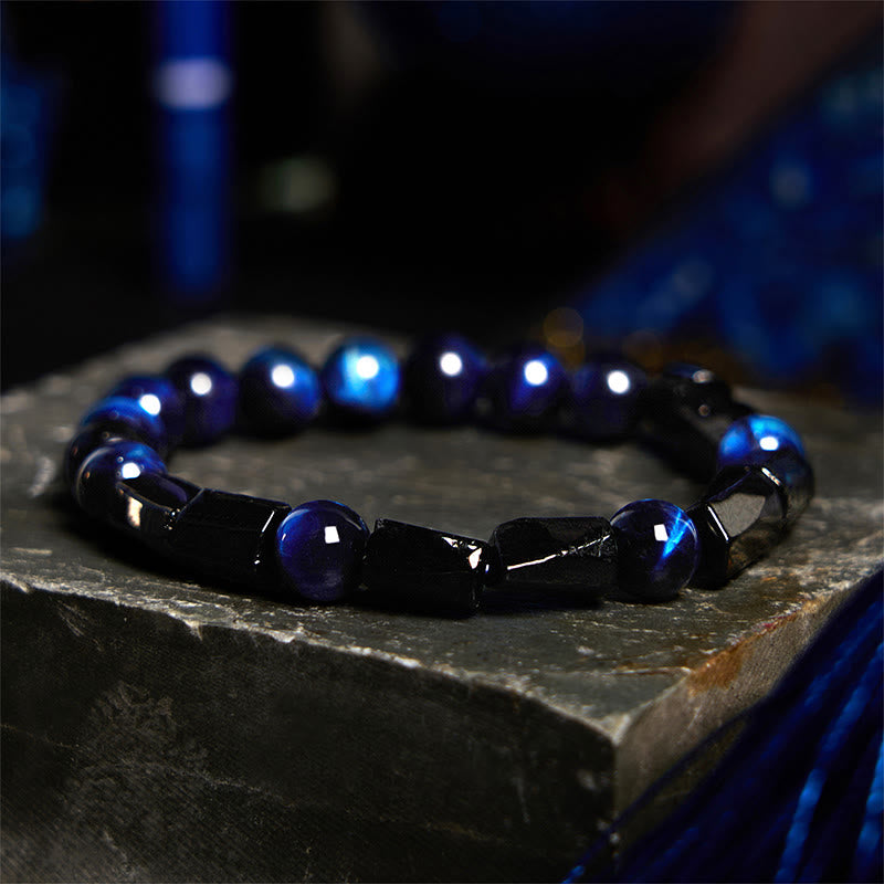 Bracciale Buddha Stones Occhio di Tigre Blu Tormalina Nera Forza