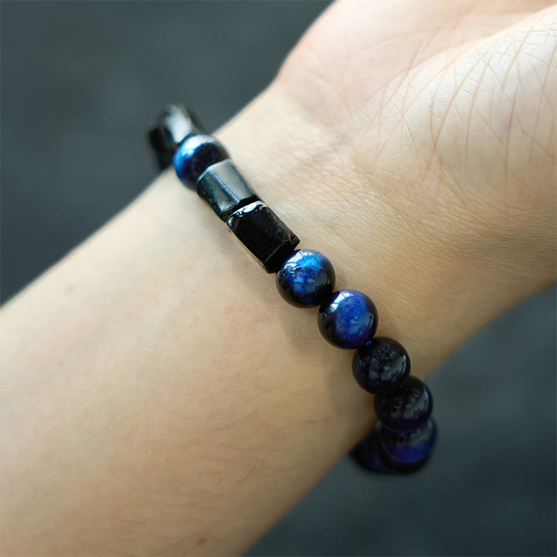 Bracciale Buddha Stones Occhio di Tigre Blu Tormalina Nera Forza