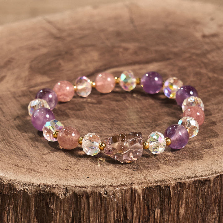 Bracciale da meditazione Buddha Stones, Ametista, Quarzo Fragola, Cristallo Bianco, Volpe a Nove Code
