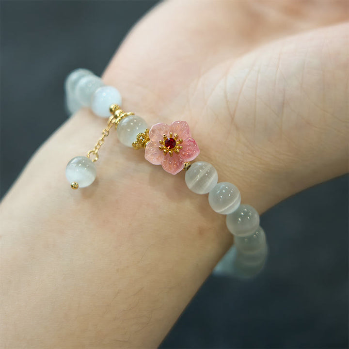 Braccialetto di supporto con fiori rosa e occhio di gatto in crisoberillo Buddha Stones