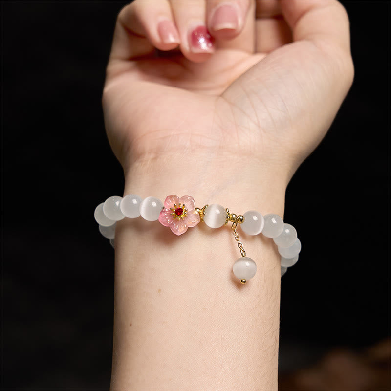Braccialetto di supporto con fiori rosa e occhio di gatto in crisoberillo Buddha Stones