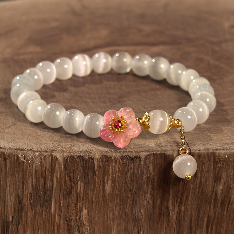 Braccialetto di supporto con fiori rosa e occhio di gatto in crisoberillo Buddha Stones