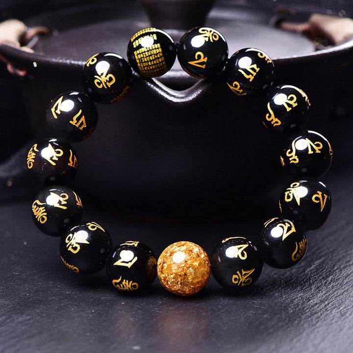 Buddha Stones Sei vere parole Om Mani Padme Hum Braccialetto creatività in lamina d'oro con ossidiana arcobaleno