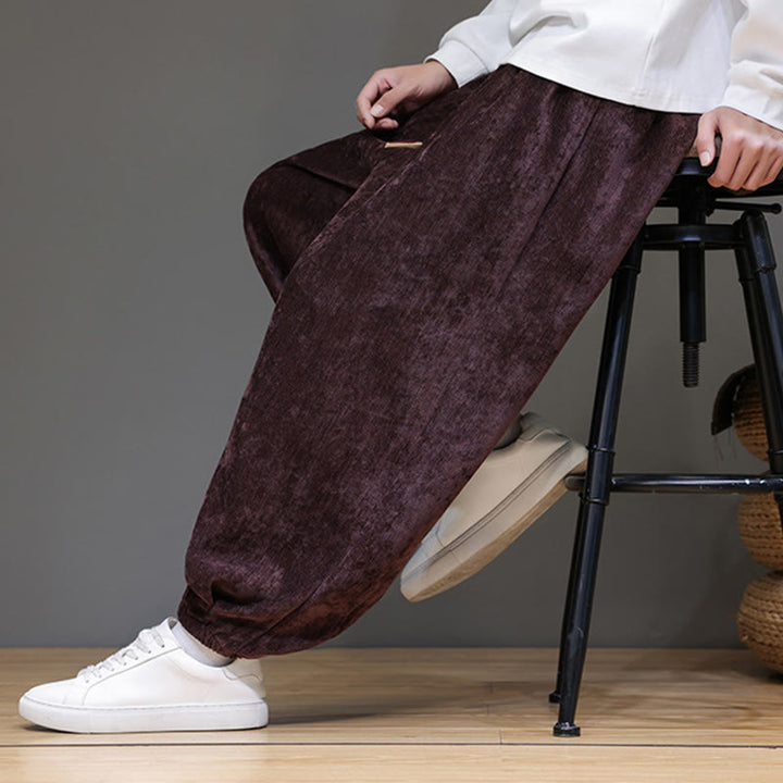 Pantaloni harem in ciniglia con coulisse e tasche da uomo Buddha Stones autunno inverno