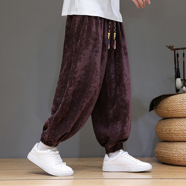 Pantaloni harem in ciniglia con coulisse e tasche da uomo Buddha Stones autunno inverno