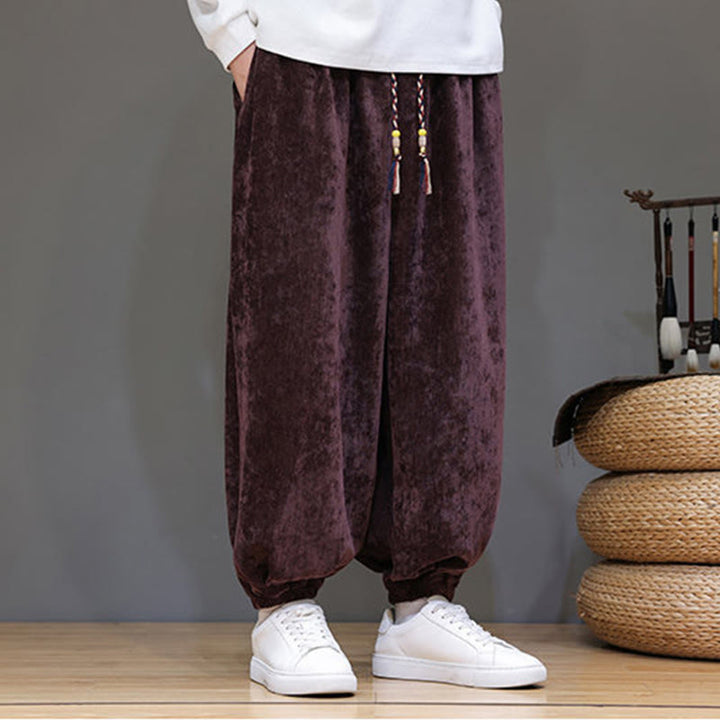 Pantaloni harem in ciniglia con coulisse e tasche da uomo Buddha Stones autunno inverno