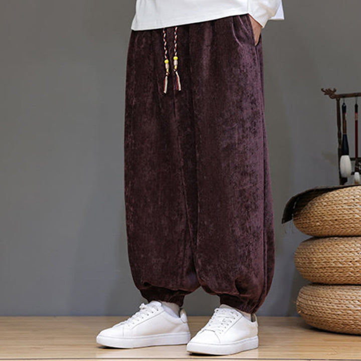 Pantaloni harem in ciniglia con coulisse e tasche da uomo Buddha Stones autunno inverno