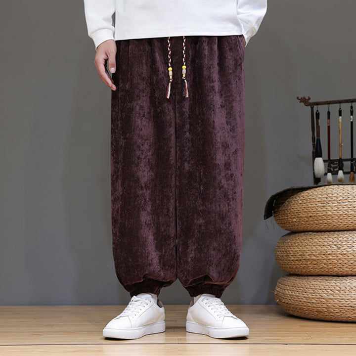 Pantaloni harem in ciniglia con coulisse e tasche da uomo Buddha Stones autunno inverno