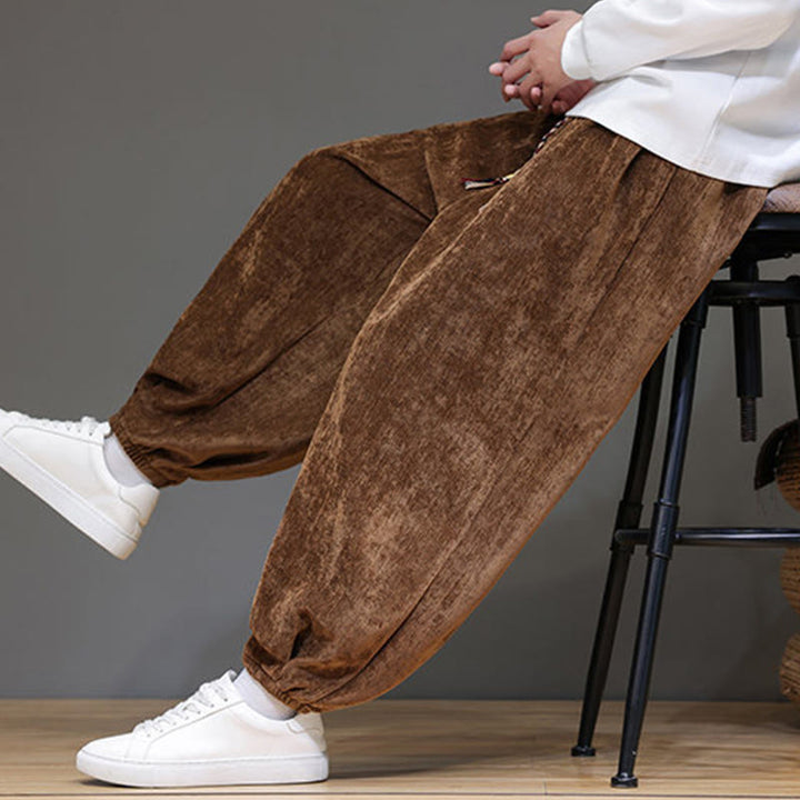 Pantaloni harem in ciniglia con coulisse e tasche da uomo Buddha Stones autunno inverno