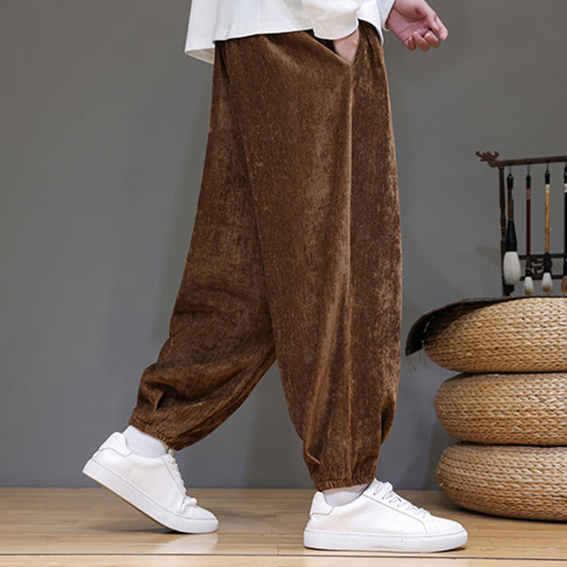 Pantaloni harem in ciniglia con coulisse e tasche da uomo Buddha Stones autunno inverno