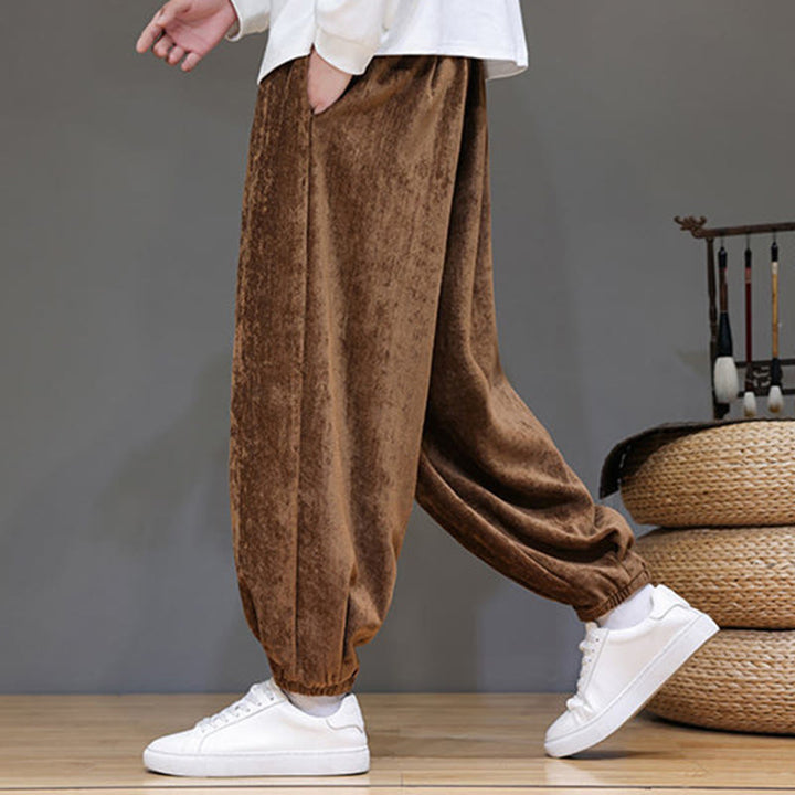 Pantaloni harem in ciniglia con coulisse e tasche da uomo Buddha Stones autunno inverno