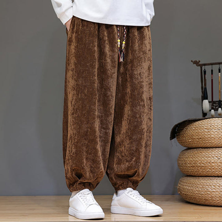 Pantaloni harem in ciniglia con coulisse e tasche da uomo Buddha Stones autunno inverno