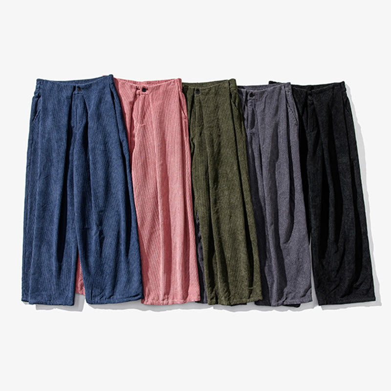 Pantaloni a gamba larga da uomo in velluto a coste di cotone tinta unita Buddha Stones con tasche
