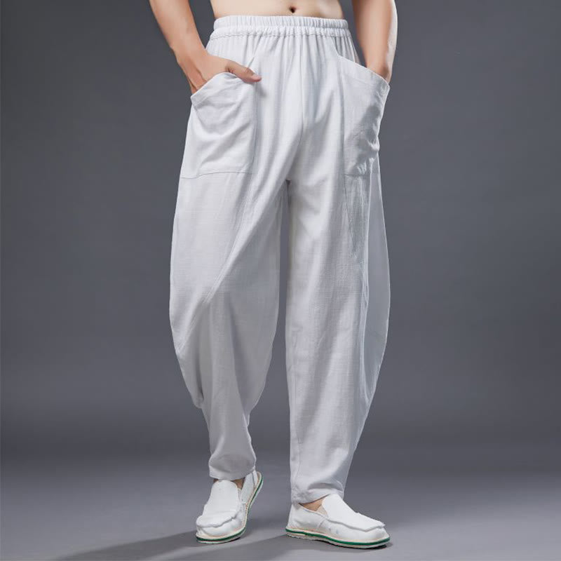 Pantaloni harem da uomo in cotone ramiè e lino tinta unita con elastico in vita e tasche , Buddha Stones - Bianco - US/UK/AU38, EU48 (XL) - image 0