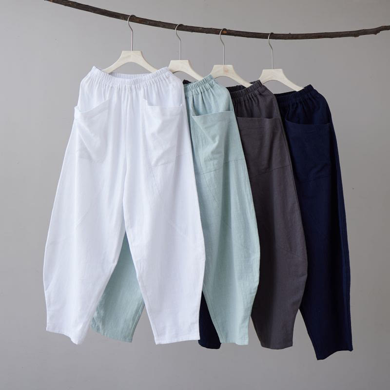 Pantaloni harem da uomo in cotone ramiè e lino tinta unita con elastico in vita e tasche , Buddha Stones