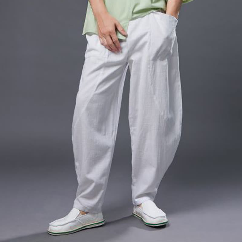 Pantaloni harem da uomo in cotone ramiè e lino tinta unita con elastico in vita e tasche , Buddha Stones