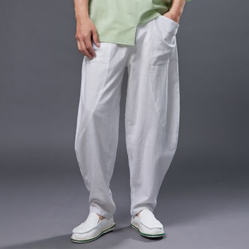 Pantaloni harem da uomo in cotone ramiè e lino tinta unita con elastico in vita e tasche , Buddha Stones