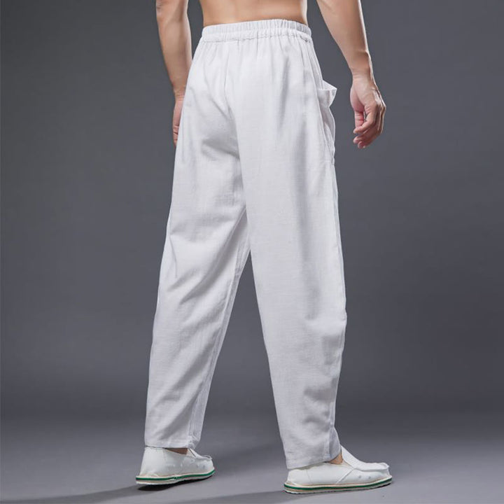 Pantaloni harem da uomo in cotone ramiè e lino tinta unita con elastico in vita e tasche , Buddha Stones