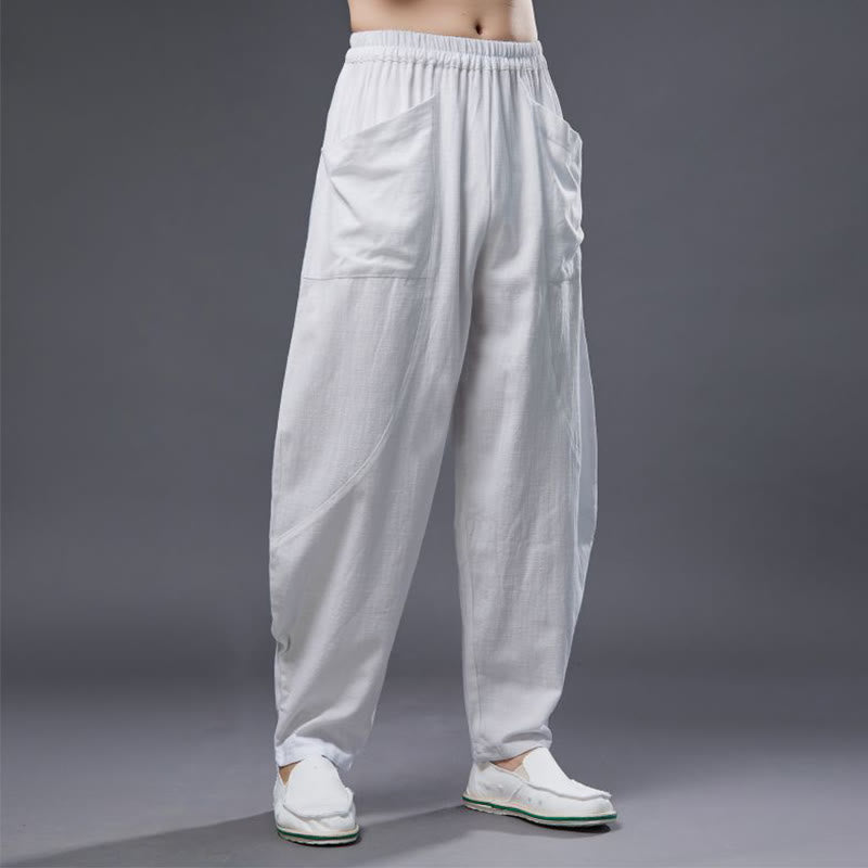 Pantaloni harem da uomo in cotone ramiè e lino tinta unita con elastico in vita e tasche , Buddha Stones