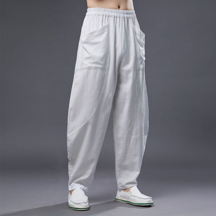 Pantaloni harem da uomo in cotone ramiè e lino tinta unita con elastico in vita e tasche , Buddha Stones