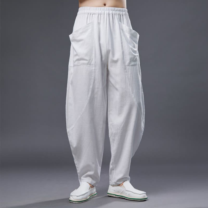 Pantaloni harem da uomo in cotone ramiè e lino tinta unita con elastico in vita e tasche , Buddha Stones