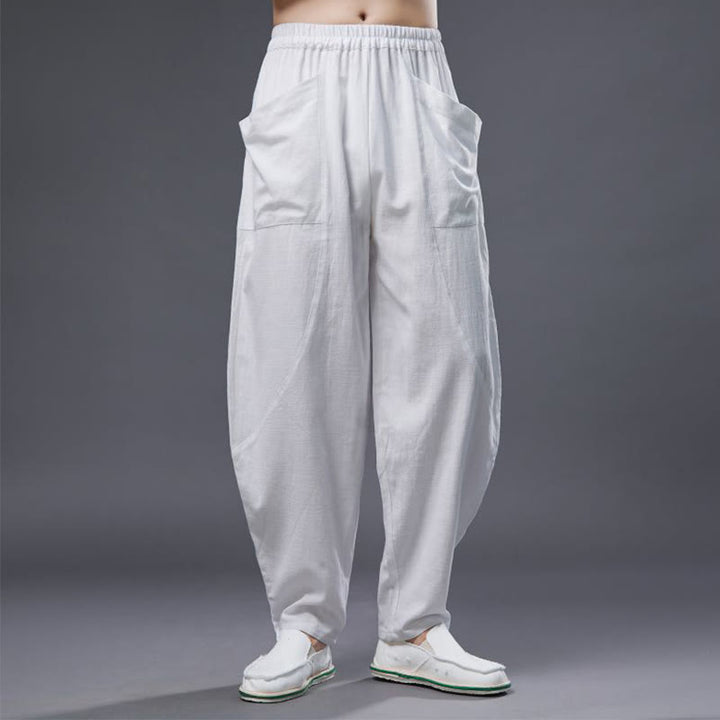 Pantaloni harem da uomo in cotone ramiè e lino tinta unita con elastico in vita e tasche , Buddha Stones