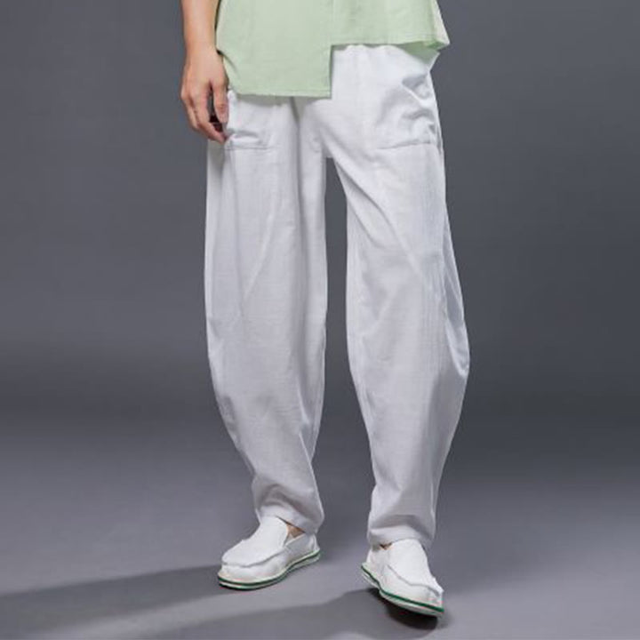 Pantaloni harem da uomo in cotone ramiè e lino tinta unita con elastico in vita e tasche , Buddha Stones