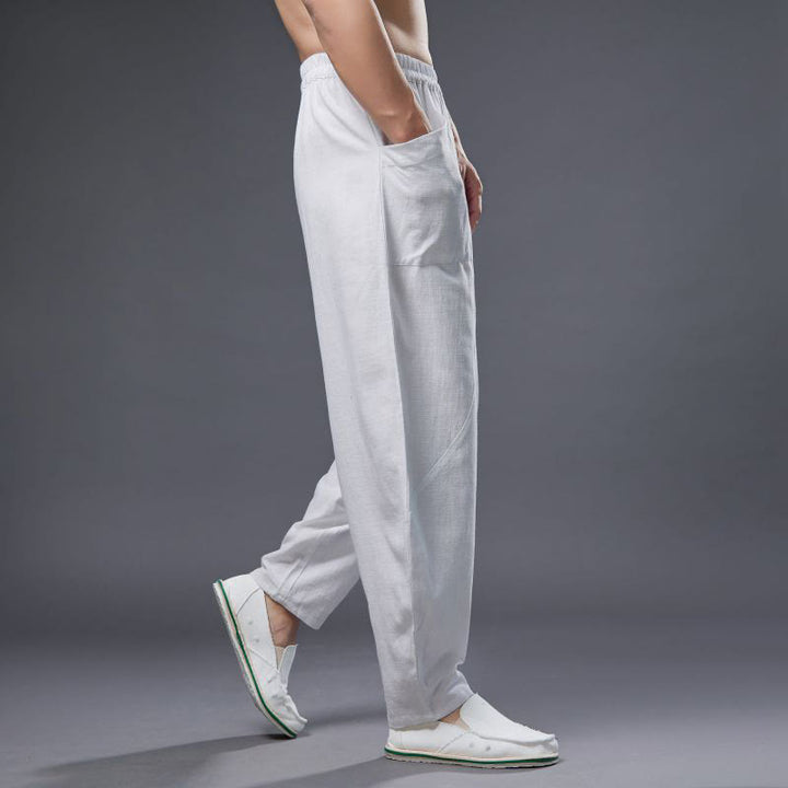 Pantaloni harem da uomo in cotone ramiè e lino tinta unita con elastico in vita e tasche , Buddha Stones