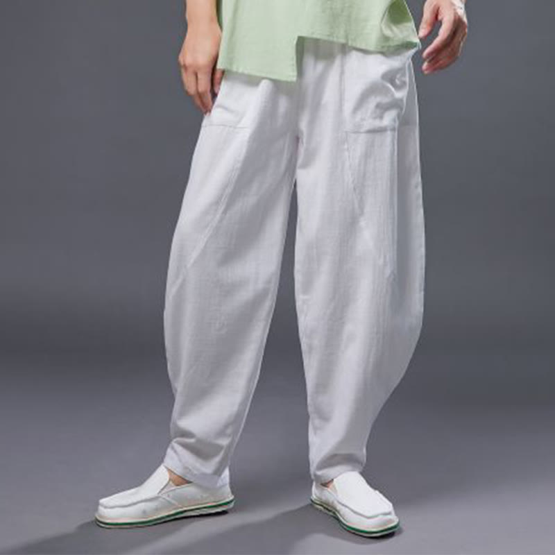 Pantaloni harem da uomo in cotone ramiè e lino tinta unita con elastico in vita e tasche , Buddha Stones