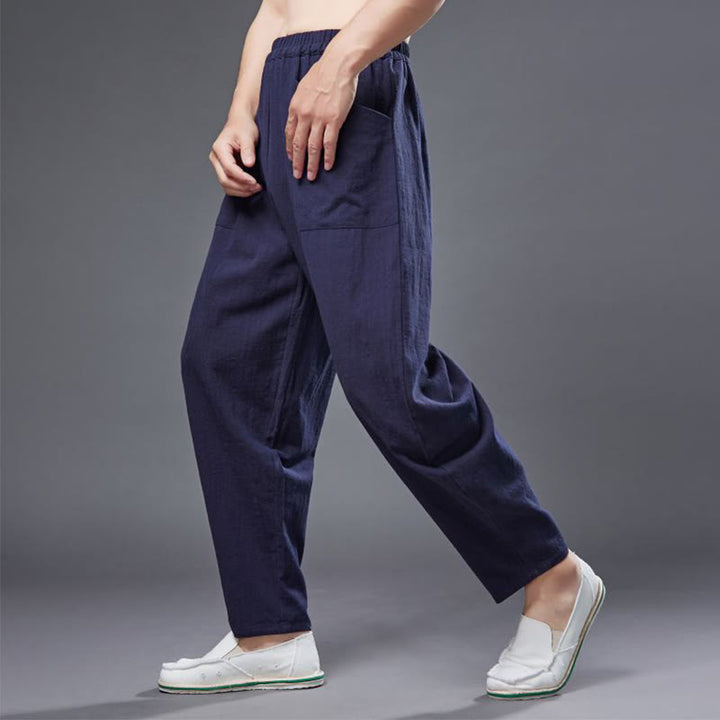 Pantaloni harem da uomo in cotone ramiè e lino tinta unita con elastico in vita e tasche , Buddha Stones