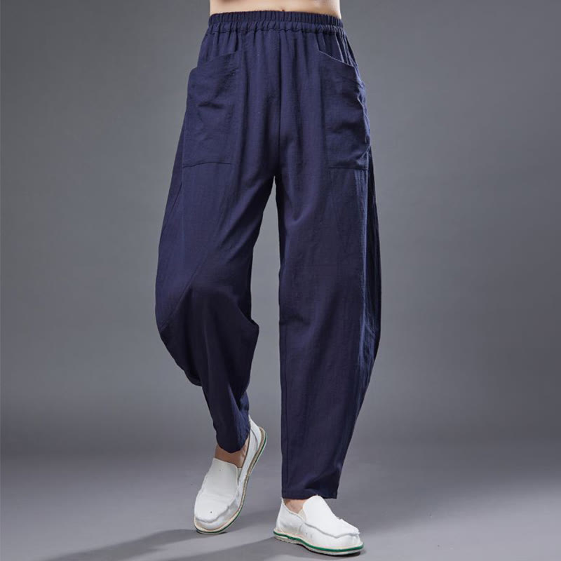 Pantaloni harem da uomo in cotone ramiè e lino tinta unita con elastico in vita e tasche , Buddha Stones