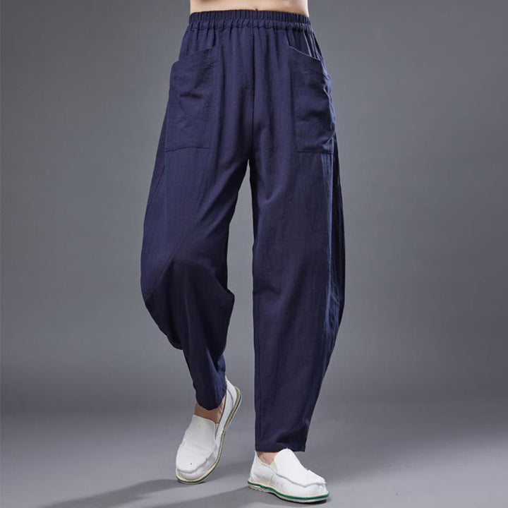 Pantaloni harem da uomo in cotone ramiè e lino tinta unita con elastico in vita e tasche , Buddha Stones