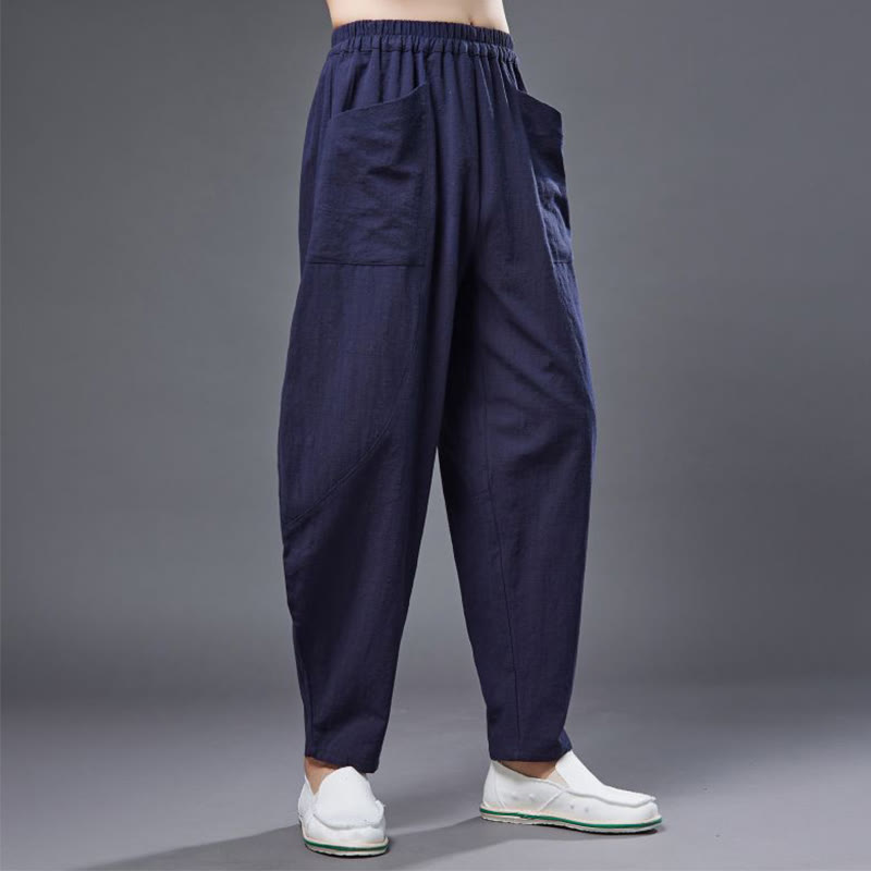 Pantaloni harem da uomo in cotone ramiè e lino tinta unita con elastico in vita e tasche , Buddha Stones